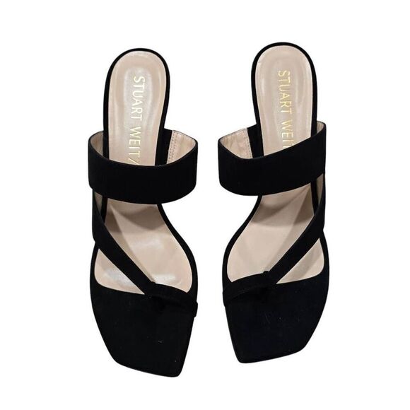 Stuart Weitzman Lyla Thong Sandals Women's 8AA Black Suede Cone Open Toe Party - Picture 3 of 8